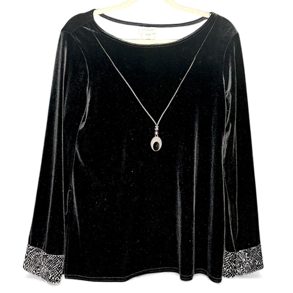 Womens Vintage Black Velvet Boat Neck Blouse Sz 10 Animal Print Formal Pendant